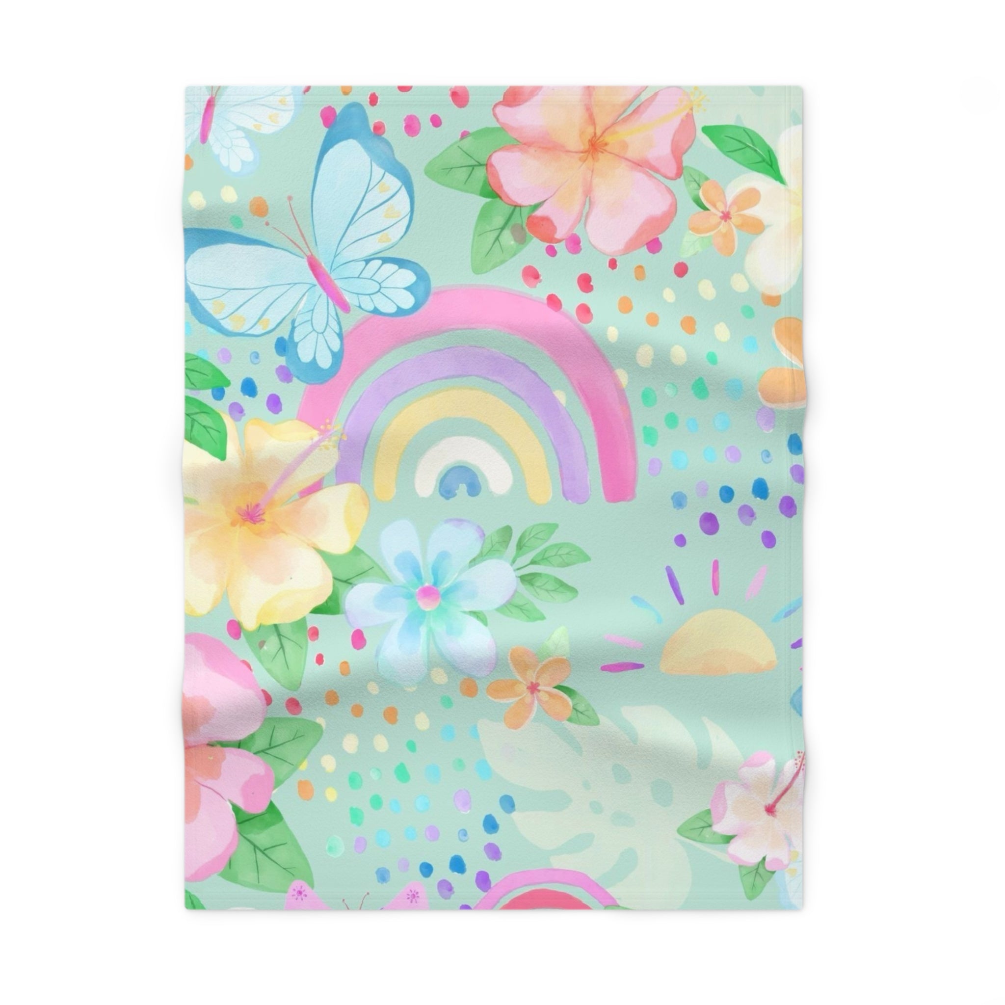 Pastel Rainbow Baby Blanket — Floral Butterfly Fleece Throw for Newborns & Nursery