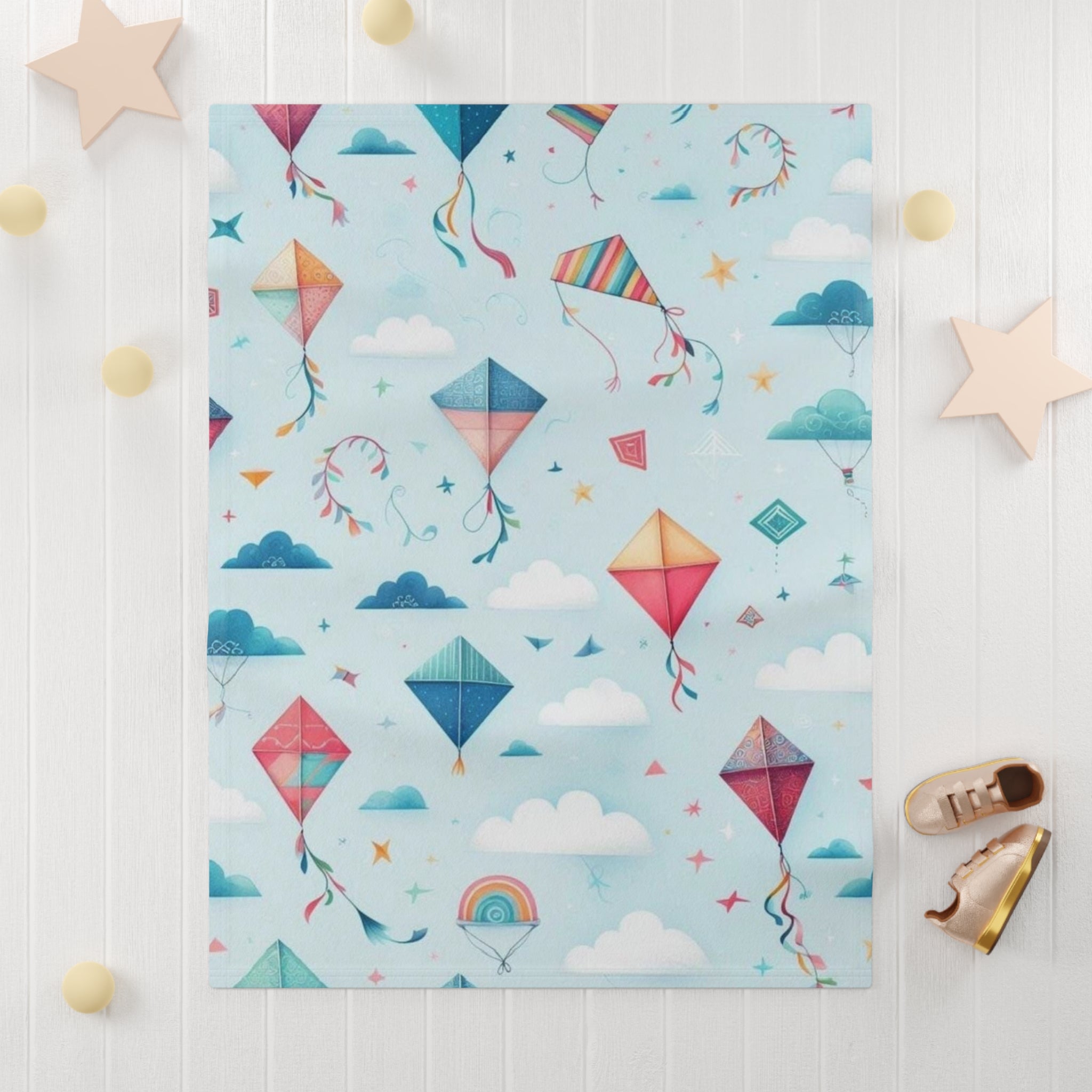 Kite Dreams Baby Fleece Blanket — Soft Pastel Kites & Clouds Newborn Throw