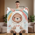 Cute Bunny Bear Baby Blanket — Soft Fleece Nursery Throw with Rainbow & Hearts