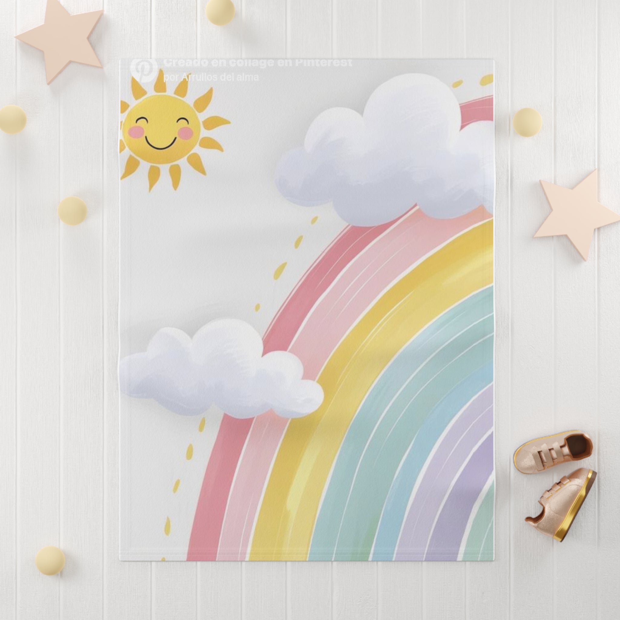 Pastel Rainbow Baby Blanket – Soft Fleece with Smiling Sun & Clouds