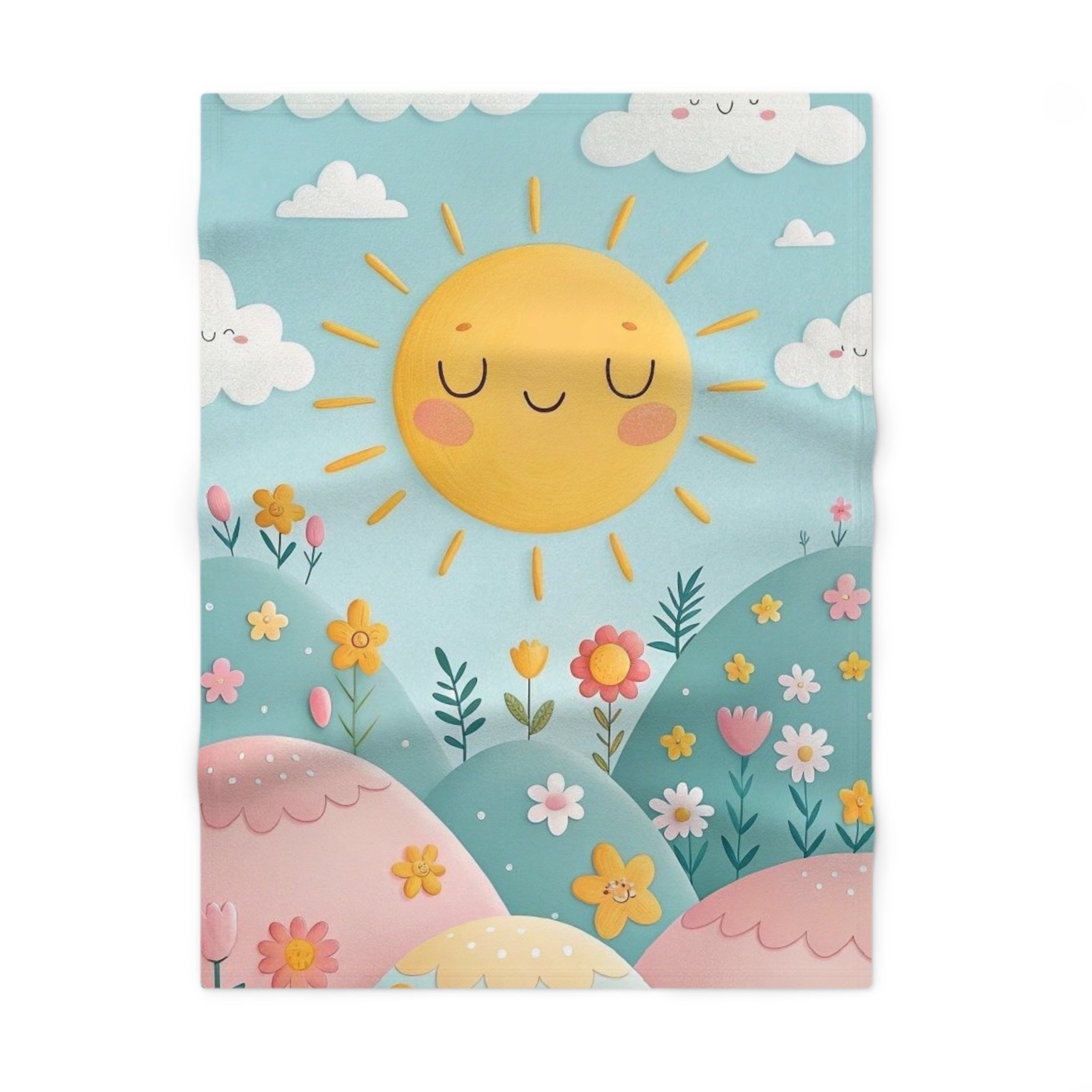 Sunny Meadow Baby Blanket — Soft Fleece Infant Throw with Smiling Sun & Floral Design