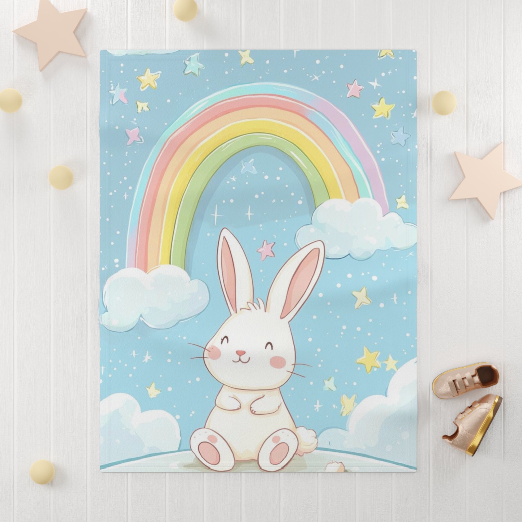 Baby Blanket - Cute Bunny with Rainbow Fleece Throw (Soft Pastel Nursery Blanket)