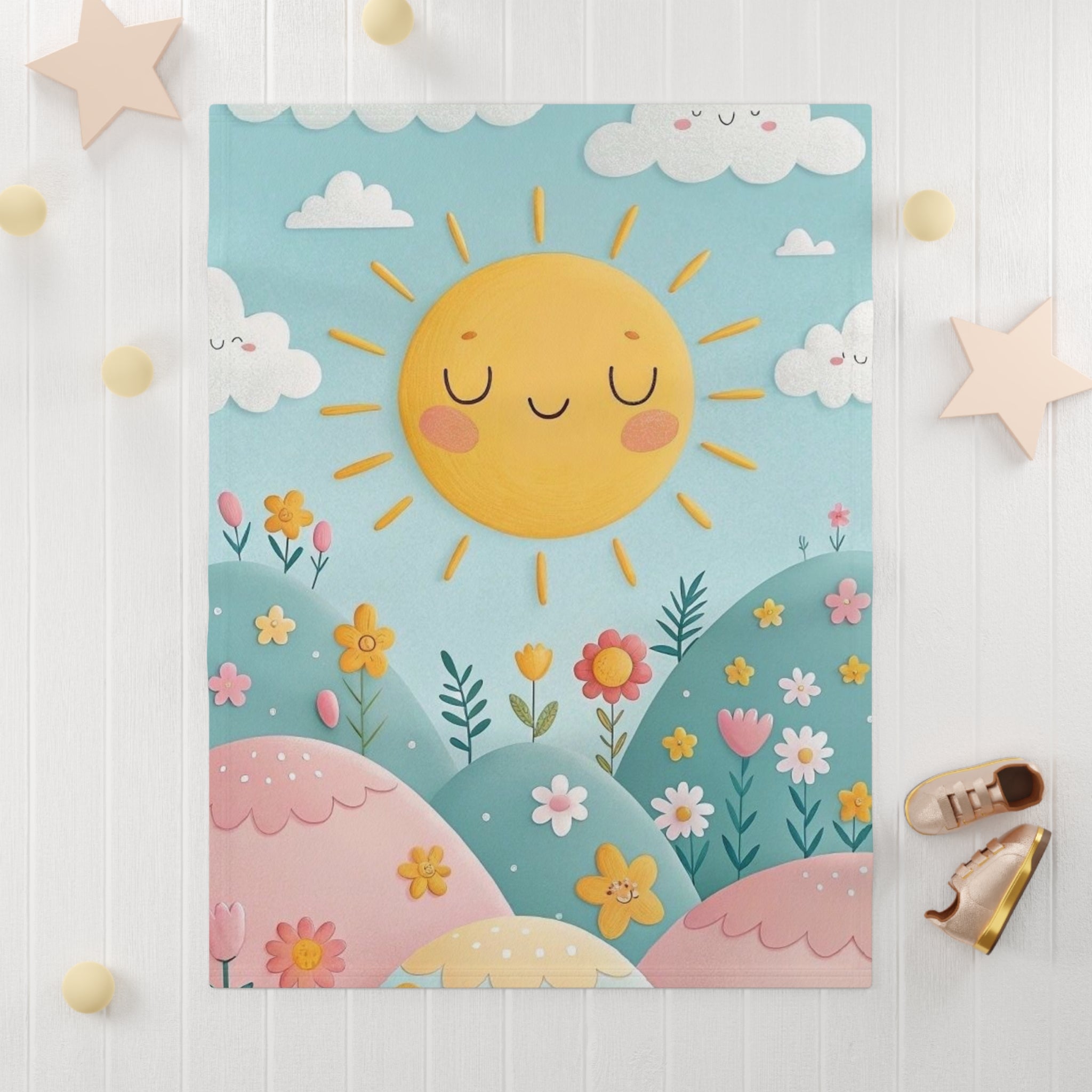 Sunny Meadow Baby Blanket — Soft Fleece Infant Throw with Smiling Sun & Floral Design
